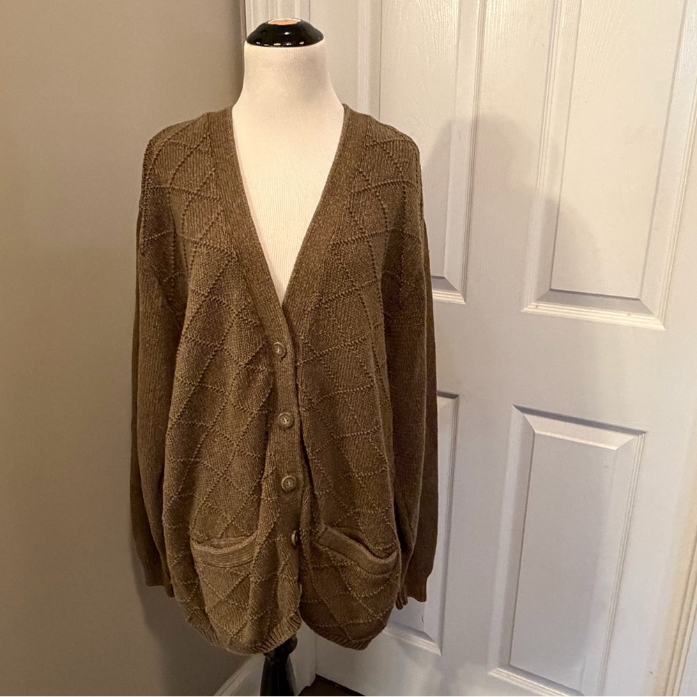 Lizsport Medium Green Oversized 5 Button Cardigan Pockets Knit
